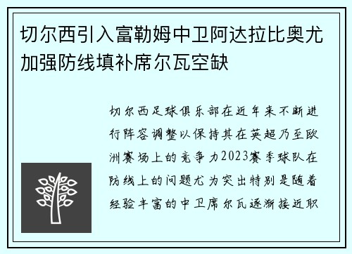 切尔西引入富勒姆中卫阿达拉比奥尤加强防线填补席尔瓦空缺