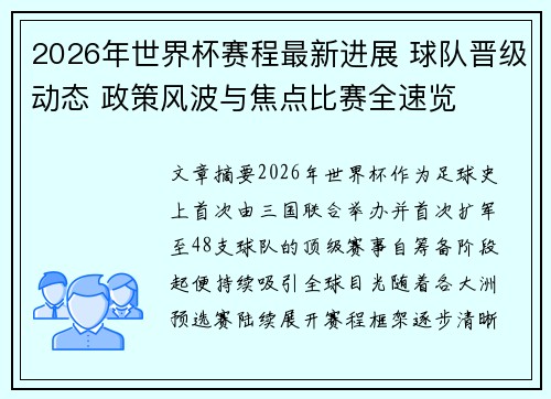 2026年世界杯赛程最新进展 球队晋级动态 政策风波与焦点比赛全速览